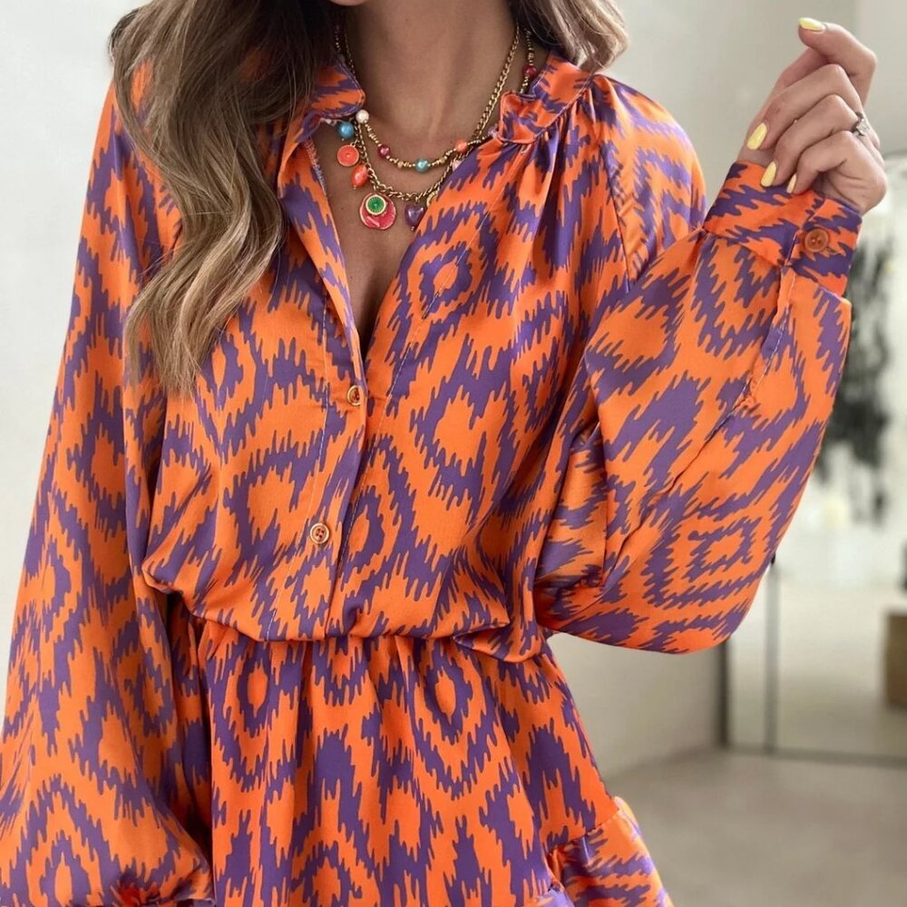 NWT Orange and Purple Print Eleanor Ruffle Mini Dress, S - Picture 7 of 8
